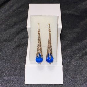 Gold and blue glass intricate dangle earrings
